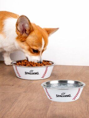 Spalding Baseball Dog Bowl Set (2-Pack) | Stainless Steel Pet Bowls | NEW
